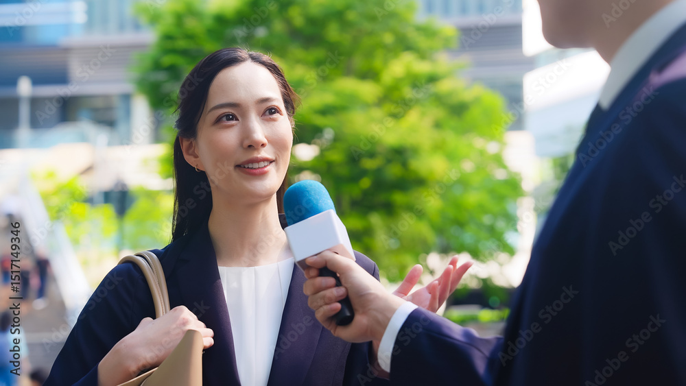 Aufkleber インタビュー、街頭、取材、ニュース、マイク、中継、レポーター、質問、屋外、笑顔、女性、日本人、男性、リポーター、アナウンサー、テレビ、番組、TV、アンケート、調査、リサーチ、ビジネスウーマン、キャリアウーマン、駅前、収録、新緑、都会、都市、会話、若い、美人、歩行者、世論、ポジティブ、VTR、街録、録画、報道、放送、意見、感想、口コミ、クチコミ、インタビュアー、トレンド、評判、評価、宣伝、CM、人物