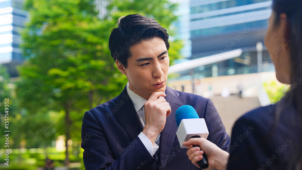 Poster インタビュー、記者会見、街頭、質問、考える、疑問、レポーター、取材、中継、テレビ、番組、ニュース、意見、政治家、主張、社長、不安、心配、不満、悩む、問題、トラブル、事件、アナウンサー、街角、都市、新緑、ビジネスマン、ビジネスパーソン、ビジネス、経営者、収録、VTR、街録、調査、リサーチ、若い、マイク、アンケート、口コミ、クチコミ、インタビュアー、突撃、疑惑、釈明、言い訳、男性、女性、日本人、人物