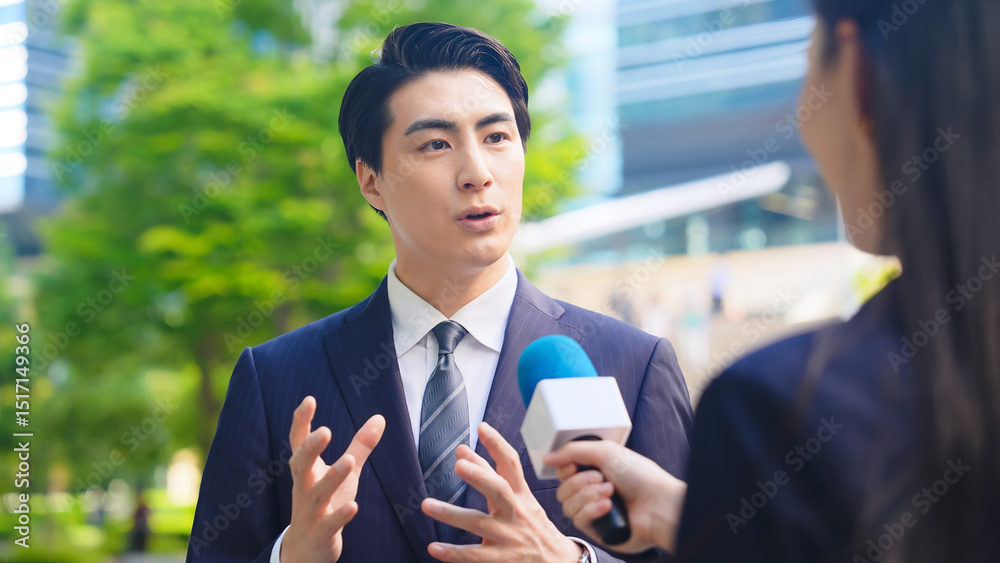 Poster インタビュー、街頭、取材、テレビ、ニュース、口コミ、不満、クチコミ、記者、会見、感想、意見、男性、ビジネスマン、マイク、中継、レポーター、質問、屋外、笑顔、日本人、リポーター、アナウンサー、番組、TV、アンケート、調査、リサーチ、駅前、ビジネス、収録、新緑、都会、都市、会話、若い、歩行者、世論、VTR、報道、放送、宣伝、インタビュアー、CM、主張、マーケティング、説明、経営者、社長、人物