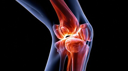 A digital illustration showing the anatomy of a human knee joint with highlighted bones, muscles, and ligaments in vibrant colors.
