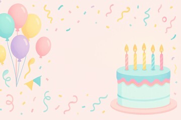 Pastel Birthday Celebration Background with a Delicious Cake Candles Balloons and Confetti with Ample Copy Space