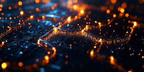 Closeup of glowing digital circuit board representing advanced technology and data flow  
