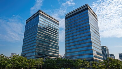 Two modern skyscrapers, glass-fronted, under a partly cloudy blue sky