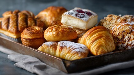 Fototapeta premium An assortment of freshly baked pastries, including croissants, cinnamon rolls, and pain au chocolat