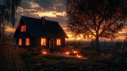 Cozy cabin glows warmly at dusk, candles light the path home