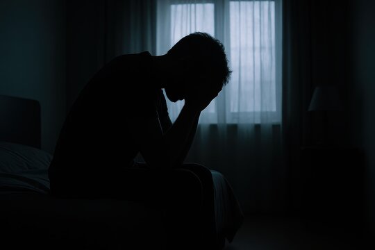 Silhouette of a despairing man sitting hunched over on the edge of a bed in a dark sparsely furnished bedroom his head in his hands.