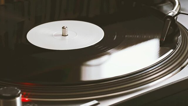 DJ headshell on spinning turntable. Listening the music on vinyl. Closeup