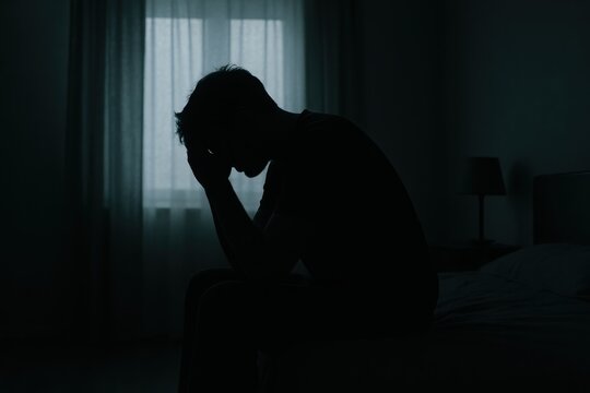 Silhouette of a despairing man sitting hunched over on the edge of a bed in a dark sparsely furnished bedroom his head in his hands.