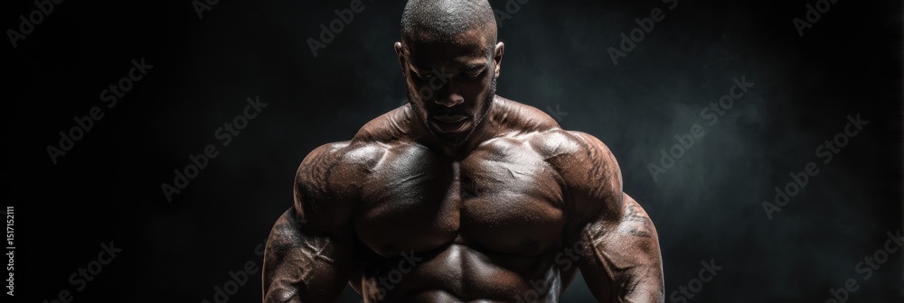 Poster muscular bodybuilder posing under dramatic lighting to display strength and physique during intense 