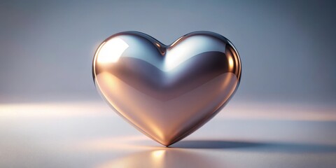 A polished metallic heart shape with a subtle sheen on its surface, reflecting light in a soft