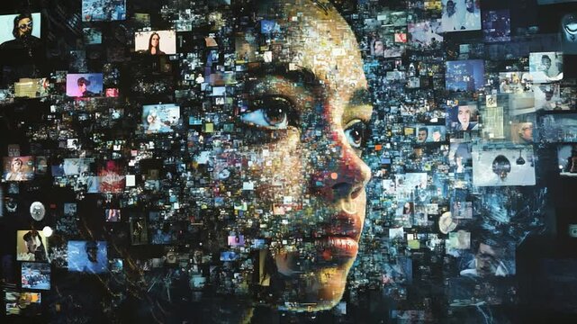 Female face consisting of multiple digital screens with evolving diverse content