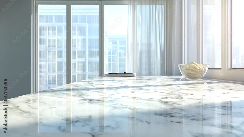 Poster Empty marble countertop shining in the light in a modern kitchen, product placement display space