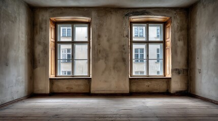 Fototapeta premium Empty room after renovation- there are two windows, white walls, and a wooden floor in the new