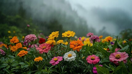 Obraz premium Vibrant flowers in a misty garden