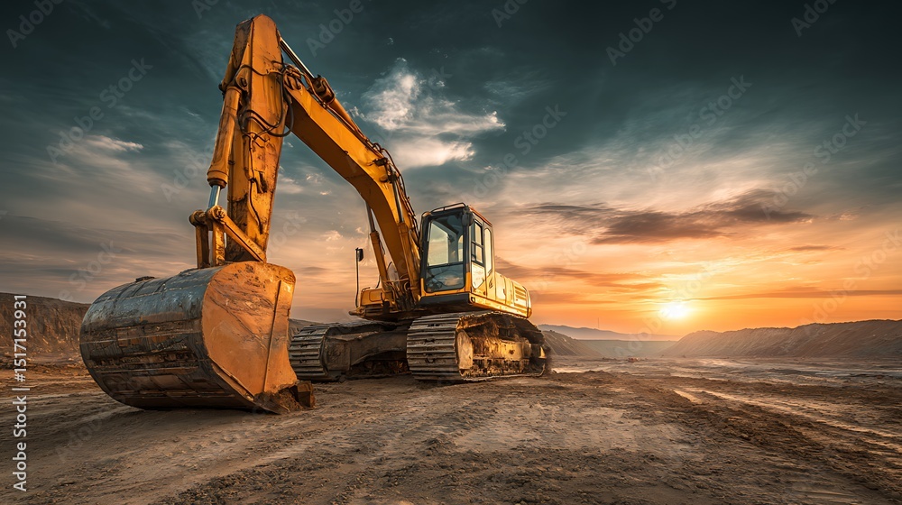 Aufkleber excavator in open pit mining excavator on earthmoving on sunset loader on excavation earth moving he
