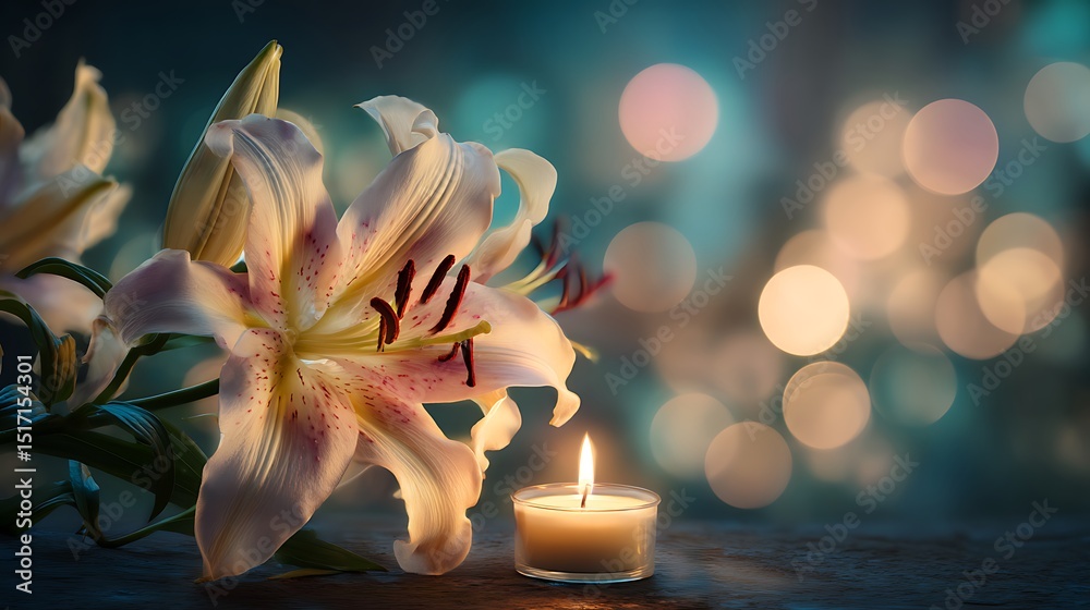 Aufkleber Funeral scene with beautiful lilies and a burning candle set against a softly blurred background with a bokeh effect