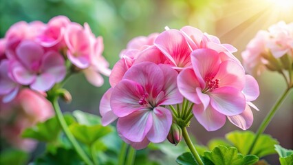 Delicate pink geranium flowers forming a dense inflorescence with intricate details and soft petals, nature, floral