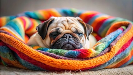 Small, adorable pug dog sleeping peacefully on a plush pillow in a cozy bed, wrapped in a soft, colorful blanket, conveying a sense of comfort and happiness , sleepy time, cute pug dog