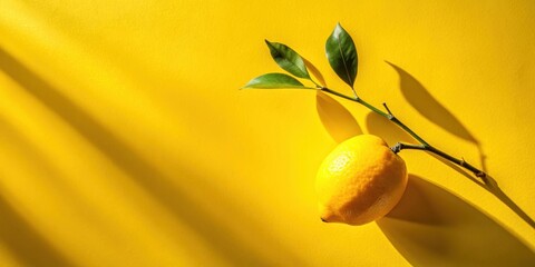Lemon branch casting shadow on vibrant yellow background, flora, citrus,  flora, citrus, illustration, nature, shadow