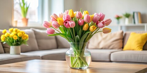 A Bouquet of Pink and Yellow Tulips in a Vase on a Coffee Table in a Living Room with a Calendar that Says Mother's Day, flowers, clean living room