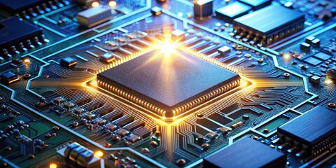 High-tech circuit board with illuminated components under bright light, microchip, high-tech,  microchip, high-tech