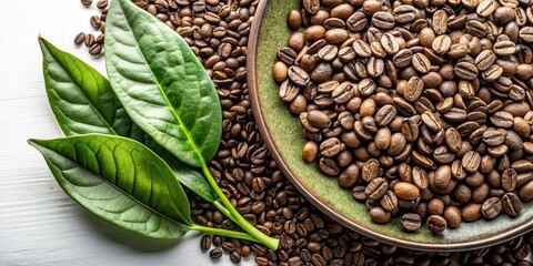 Green tea leaves and coffee beans side by side on a plate, with a few tea leaves scattered around the beans, green, leaf,  green