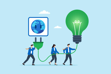 Flat illustration of employees plugging green ESG bulb into global socket representing clean energy collaboration