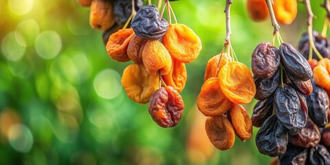 Dried apricots and prunes hanging from a tree on a green blurred background, food, nature, food,nature,health,fruits,freshness
