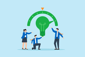 Flat illustration of employees rotating green lightbulb dial to set company direction towards renewable future