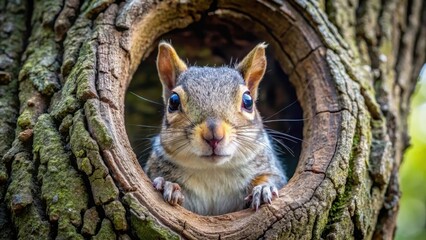 A curious squirrel peeks out of its cozy tree hole, revealing fluffy grey fur and twitching whiskers, trees
