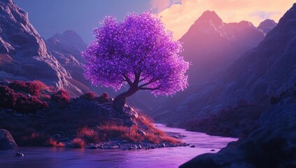 Purple blossom tree by a mountain stream at dawn