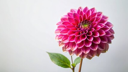 Vibrant bright pink dahlia flower with bronze foliage, set against a soft white background