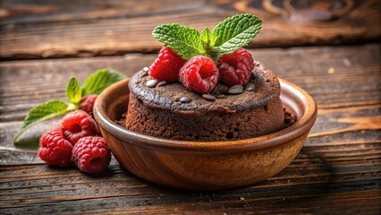 Rich chocolate lava cake with fresh raspberries and cocoa dust in a rustic ceramic dish, set against a warm wooden background, cocoa powder, desserts