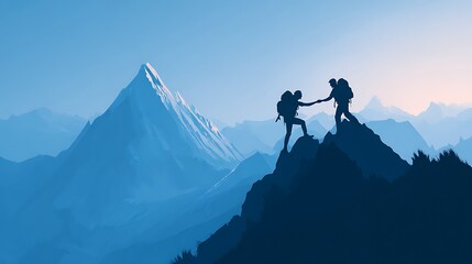 Hiker helping friend reach the mountain top