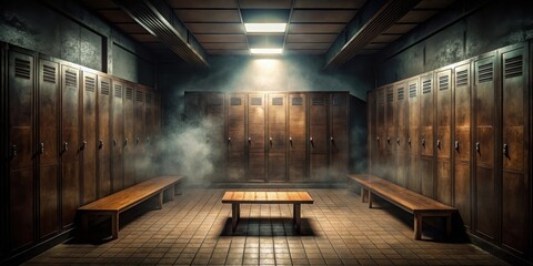 dark locker room, dimly lit space with shadows, mysterious atmosphere, old wooden lockers, faint echoes, misty walls, eerie silence