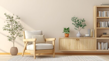 Home beautiful interior template mockup living room design background cosy armchair with wooden cabinet bookshelf bright clean and clear interior space home background design