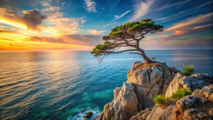 Ancient lone pine tree stands majestically on rugged coastal cliff edge overlooking vast expanse of serene turquoise ocean at sunrise, pine tree, rocky shoreline