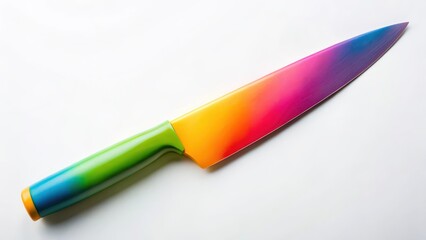 Vibrant brightly colored kitchen knife placed on a solid white background, showcasing its unique design and color scheme, kitchen utensil, food preparation