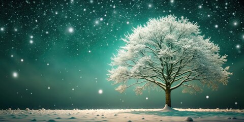 Fleece-covered winter tree against a dark green background, with snowflakes gently falling on its branches, snow, nature,  snow