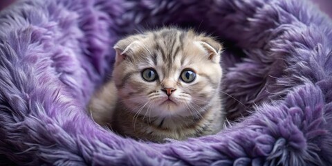 Adorable Scottish Fold kitten curled up in a ball on a plush purple bedspread, its fluffy fur and bright eyes stealing the show , scottish fold, bedding