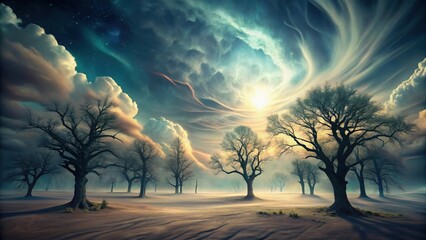 A surreal landscape with distorted trees and a dark sky, surrounded by an eerie glow, fantasy, surreal,  fantasy