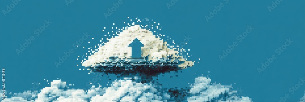 Poster Pixelated Cloud With Broken Upload Icon Floating in Blue Sky With Soft Upper Part Creating a Whimsical Digital Atmosphere