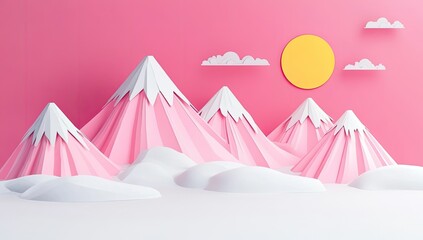 Pink paper mountains against a pink background. A stylized landscape with snow-capped peaks, fluffy white clouds, and a bright yellow sun
