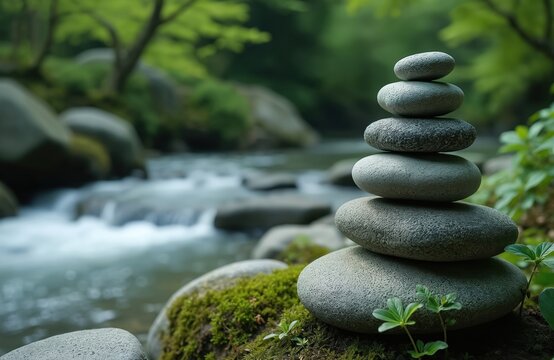 Stacked stones by river Japan. Zen concept. Calmness, balance, harmony. Meditation, mindfulness. Nature scene, forest, water stream. Tranquility, peace. Spirituality, zen garden, wellness, relaxation.