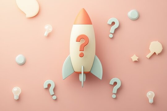 Rocket with question marks, startup concept