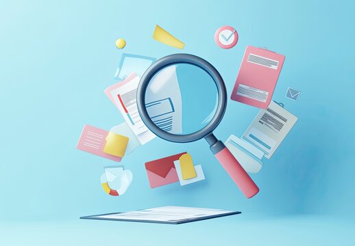 Colorful 3D illustration of documents, office supplies, and a magnifying glass.  Floating elements hover above a tablet.  Pastel blue background