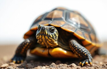 Obraz premium Close-up of adorable three-toed box turtle, brown carapace, on ground. Reptile looking at camera. Nature pet, small wild animal with a damaged shell. Pet care, ecology, wildlife protection.