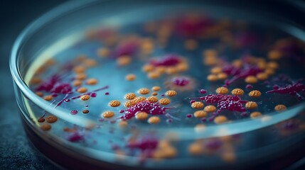 Macro close up shot of bacteria and virus cells in a scientific laboratory petri dish
