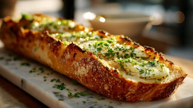 Toasted garlic bread baguette with melted butter, chopped herbs, and golden crust served on marble board

