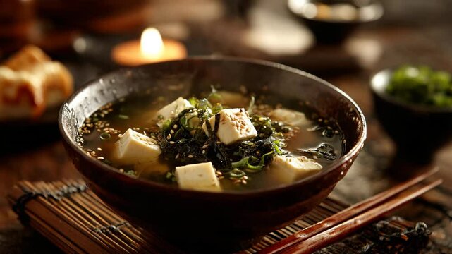 Japanese miso soup with tofu cubes, seaweed, green onions, and sesame seeds in ceramic bowl with warm ambient lighting

